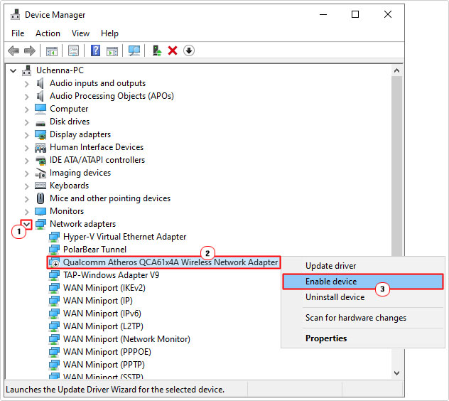 click on Qualcomm Atheros Qca61x4a in device manager and select enable device