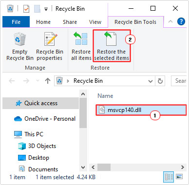 restore msvcp140.dll from recycle bin
