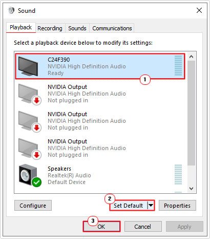 in the playback tab click on NVIDIA High Definition Audio then click on set default