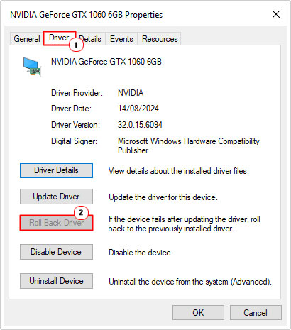 on the GPU properties page click on driver then click on roll back driver