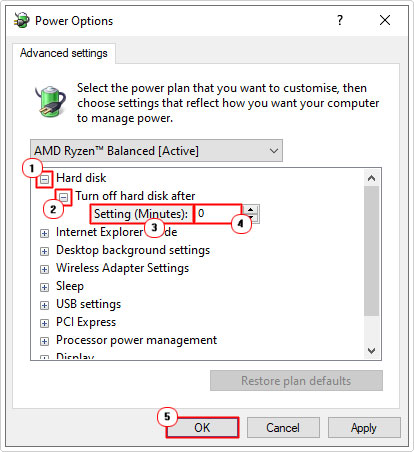 set hard disk to not turn off in power options