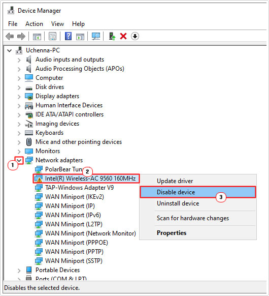 disable Intel Wireless-AC 9560 in device manager