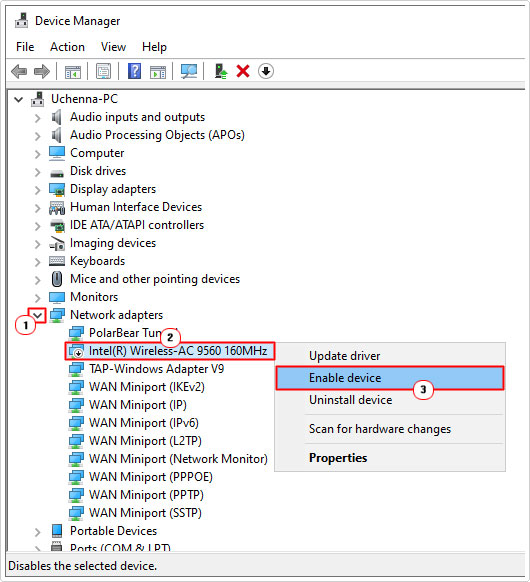enable Intel Wireless-AC 9560 in device manager
