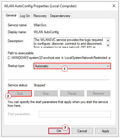 set startup type to automatic for WLAN AutoConfig