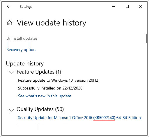 check KB number in View update history