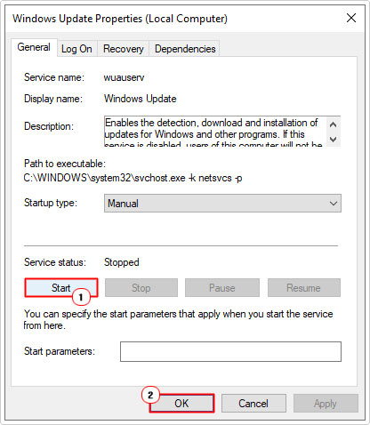 click on Start in Windows Update Properties