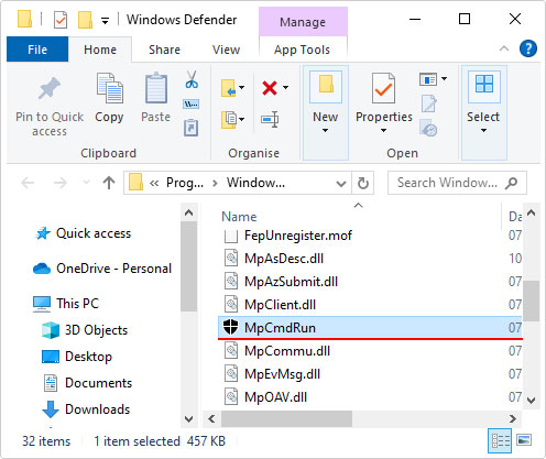 locate MpCmdRun.exe in Windows Defender folder