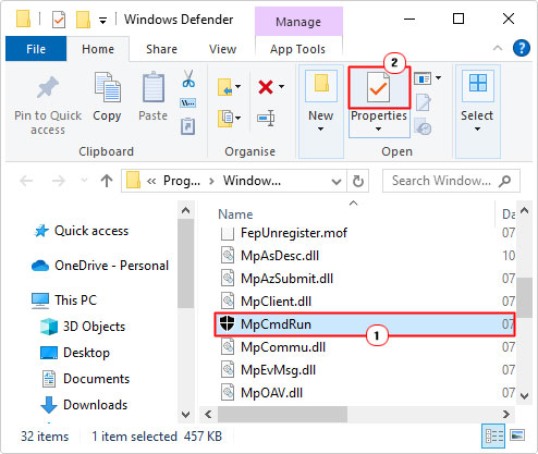 to go the properties of MpCmdRun.exe