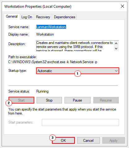 set startup type of Workstation Properties to automatic, click on start then OK