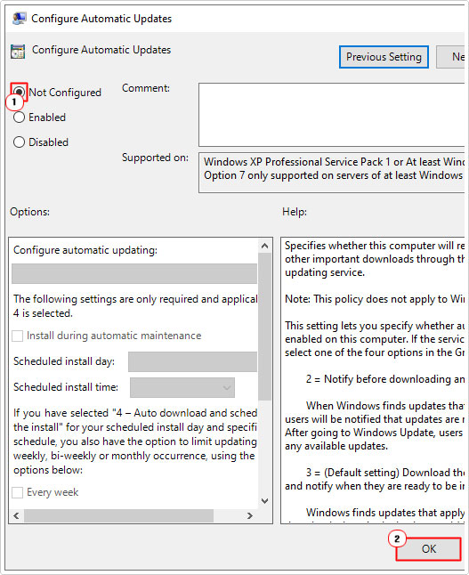 set Configure Automatic Updates to not configured and click on OK