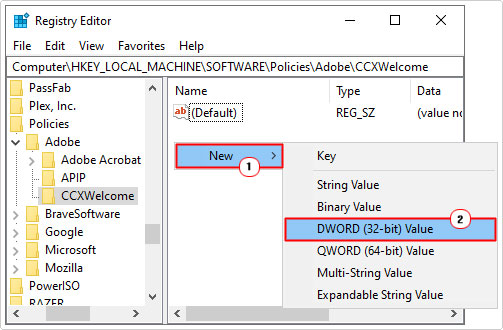 create a new dword in CCXWelcome key