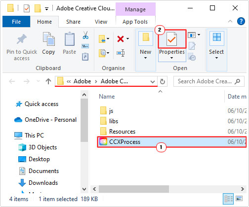 select properties for CCXProcess.exe in creative cloud experience folder