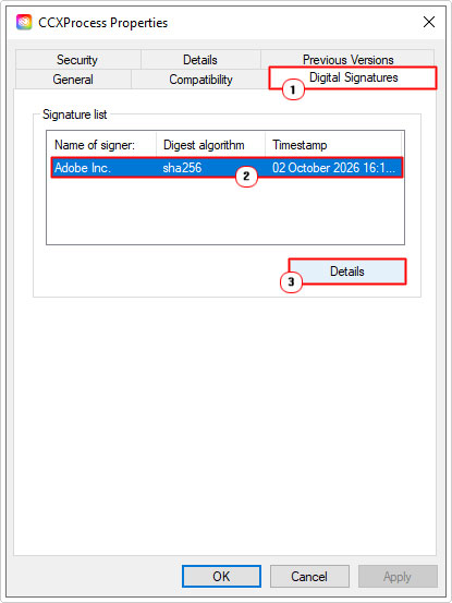 in CCXProcess.exe properties, click on Digital Signatures, name of signer then details