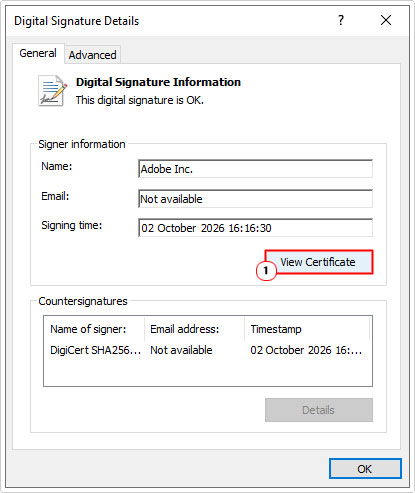 click on view certificate in Digital Signature Details