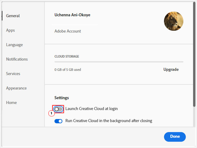 disable Launch Creative Cloud at login in preferences