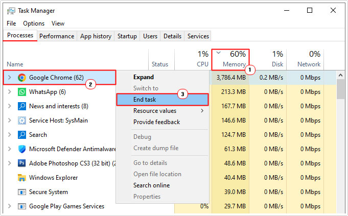 Close app using task manager