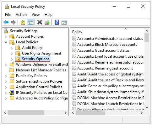 open Security Options in local security policy
