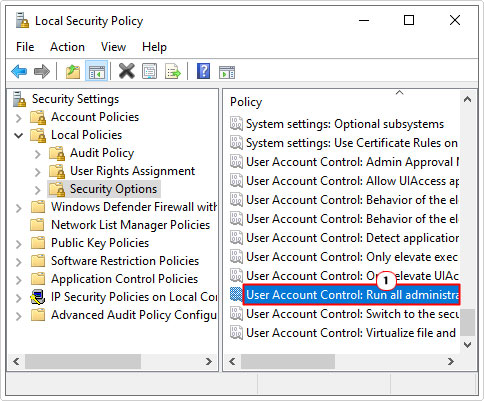 double-click on Admin Approval Mode in security options