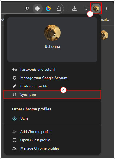 click on Sync is on in profile menu